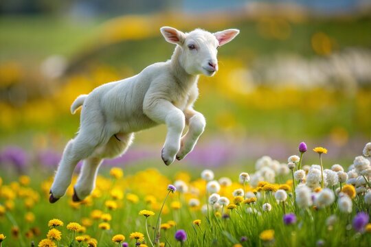 Playful lamb jumping in meadow with flowers farm animal scene