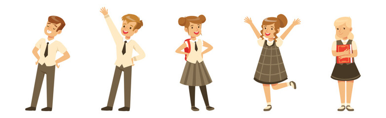 Cute Boy and Girl Character in School Uniform Vector Set