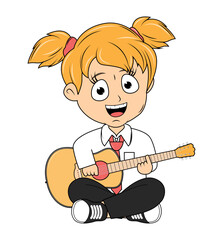 Cute Girl Cartoon Play Guitar