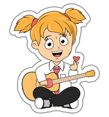 Cute Girl Cartoon Play Guitar
