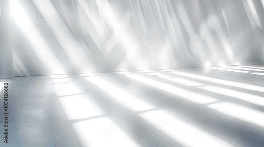 Poster Blurred overlay effect for photo and mockups. Wall texture with organic drop diagonal shadow and rays of light on a white wall.