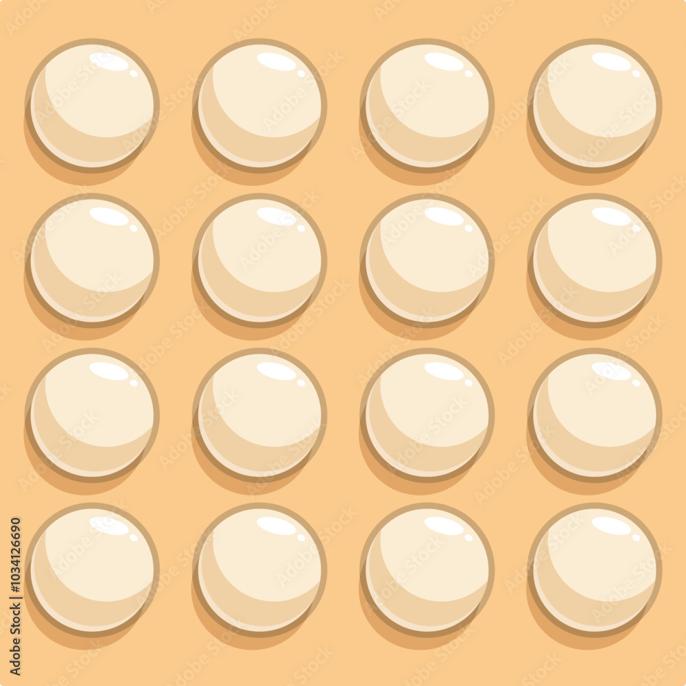 Aufkleber blister pack with round convex pills in even rows is lying on orange background