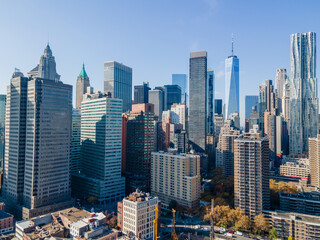 Naklejka premium Aerial landscape Financial District southern Manhattan skyline during Fall in New York City NY