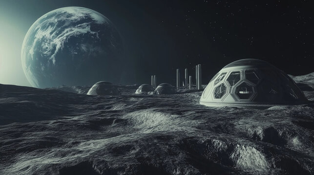 Futuristische Mondbasis unter Sternenhimmel. Kuppeln und Module auf grauer Oberfl&auml;che. Erde am Horizont. Sci-Fi-Vision naher Zukunft