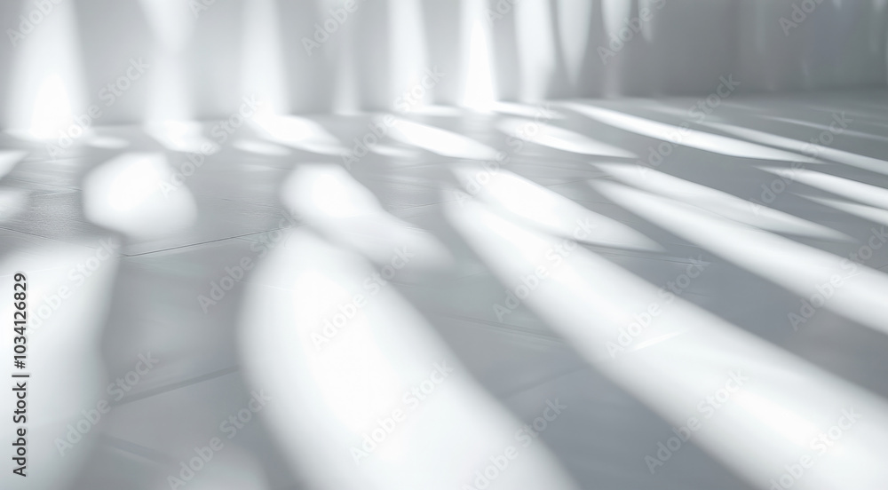 Poster Blurred overlay effect for photo and mockups. Wall texture with organic drop diagonal shadow and rays of light on a white wall.