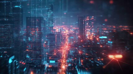 Fototapeta premium A futuristic cityscape with glowing lines connecting buildings, symbolizing digital technology and urban development.