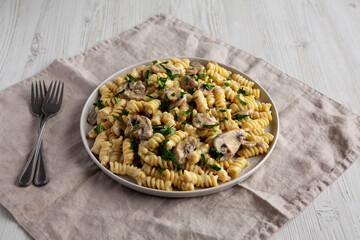 Homemade Mushroom Stroganoff on a Plate, side view.