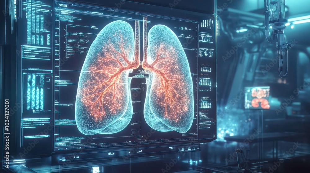 Poster a digital rendering of human lungs on a computer screen in a futuristic lab setting.