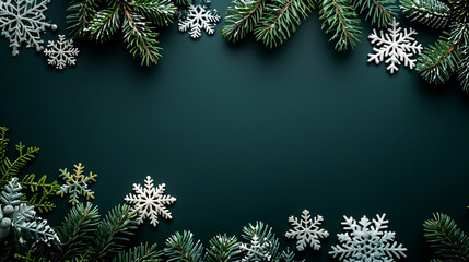 Festive winter scene with evergreen branches and decorative snowflakes on dark background