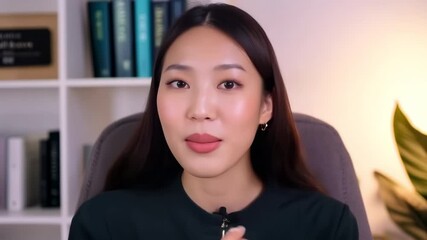 Beautiful Asian girl records video blog, talks on camera. Female beauty blogger shoots vlog at home on phone. Popular vlogger influencer. Social media communication.