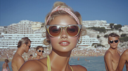 1970s woman on the beach with huge gigantic oversized wide large sunglasses and a headband in monte carlo, 