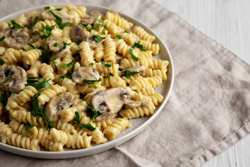 Homemade Mushroom Stroganoff on a Plate, side view. Copy space.