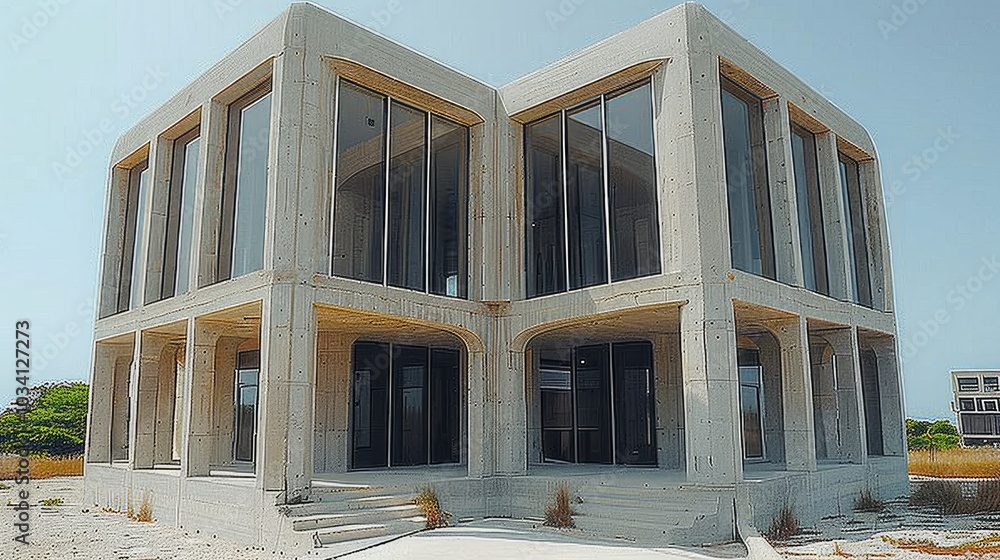 Poster make a large structure. the structure should be made of limestone, concrete, and glass, making it ov