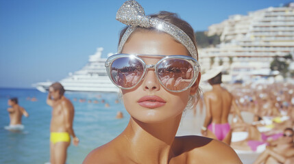 1970s woman on the beach with huge gigantic oversized wide large sunglasses and a headband in monte carlo, 