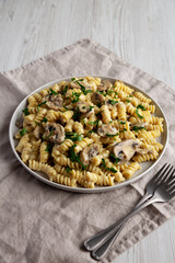 Homemade Mushroom Stroganoff on a Plate, side view.