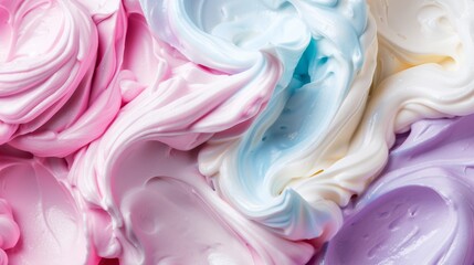 Colorful swirls of pastel meringue fill the frame, creating an inviting dessert backdrop at a bakery during a sunny afternoon