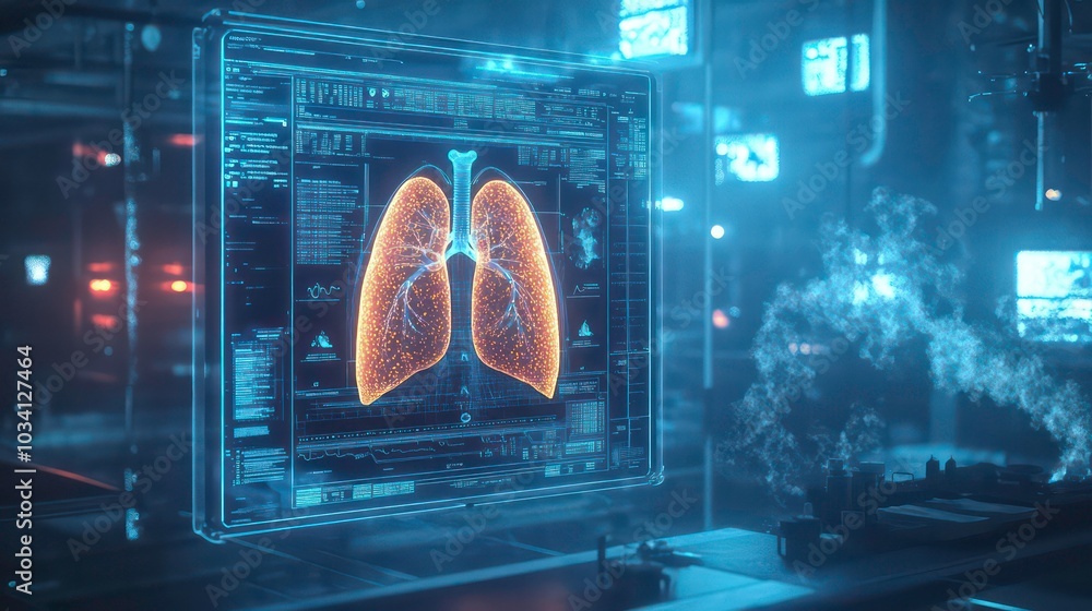 Poster a futuristic medical display showcasing a digital image of lungs in a high-tech laboratory setting.