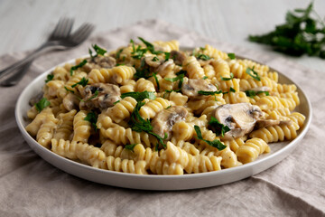 Homemade Mushroom Stroganoff on a Plate, side view.