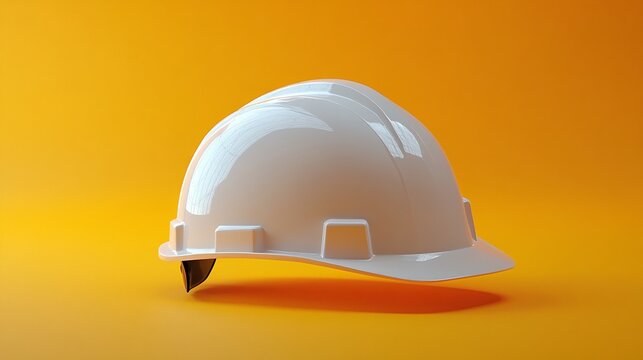 A shiny white hard hat resting on an orange background, symbolizing safety and protection in construction and industrial settings.