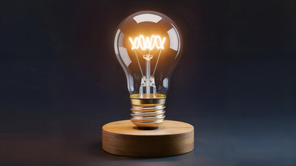 Illuminating Idea: A glowing bulb rests on a wooden base, casting a warm, inviting light against a dark backdrop.