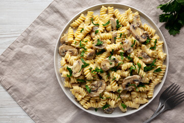 Homemade Mushroom Stroganoff on a Plate, top view. Copy space.