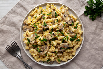 Homemade Mushroom Stroganoff on a Plate, top view. Copy space.