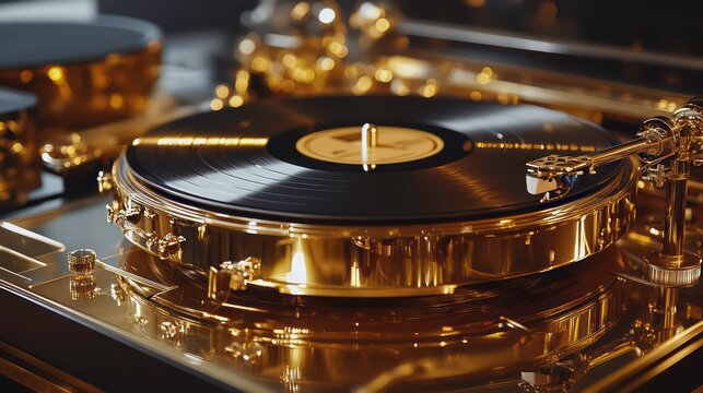 A close-up of a golden record player with a black vinyl record spinning.