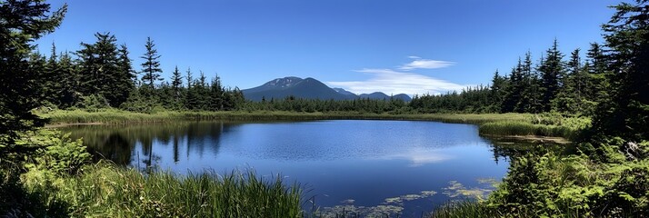Obraz premium A tranquil mountain lake surrounded by a lush pine forest with the calm water reflecting the clear blue sky and distant mountain peaks in a serene picturesque landscape