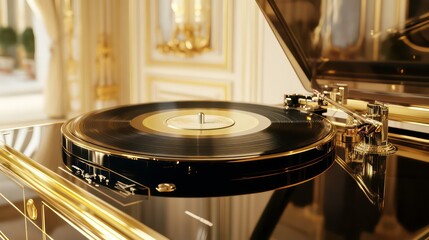 A luxurious gold and black record player with a vinyl record spinning on the turntable in a grand...