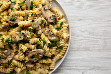 Homemade Mushroom Stroganoff on a Plate, top view. Flat lay, overhead, from above. Copy space.