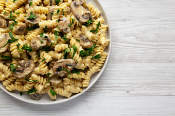 Homemade Mushroom Stroganoff on a Plate, top view. Flat lay, overhead, from above. Copy space.
