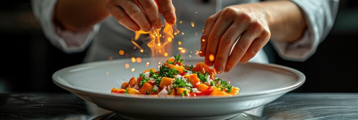 Chef garnishing a colorful dish with herbs in a modern kitchen during a culinary preparation