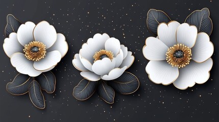 Obraz premium A vibrant depiction showcases three intricately detailed white peonies adorned with golden stamens and leaves, set against a dark, starry backdrop