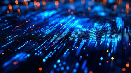Abstract digital background with vibrant blue and orange glowing lines, resembling data streams or technological waves.