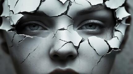 A woman's face with a cracked white mask revealing her eyes, looking directly at the viewer.
