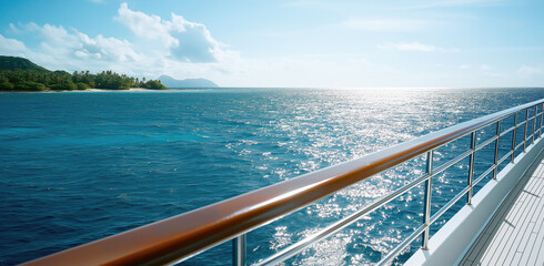 ocean, captured from the deck of a luxurious yacht.  polished wooden railing with crystal-clear turquoise water stretching out before it. In the distance, a tropical island with lush, green palm trees
