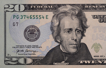 Closeup of front side of 20 dollar banknote