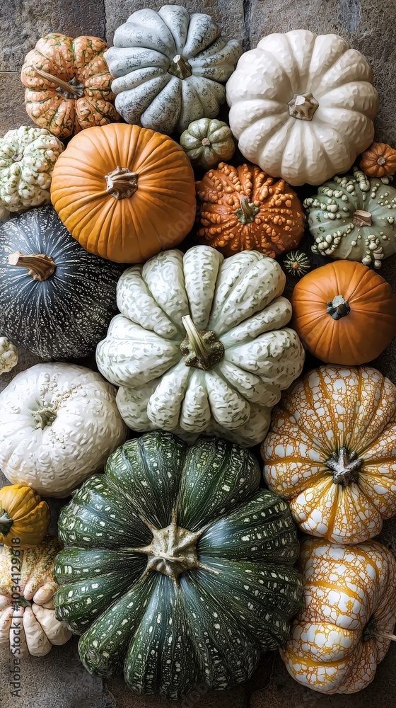 Poster An array of different pumpkins showcases various shapes and colors, capturing the essence of fall festivities and harvest time