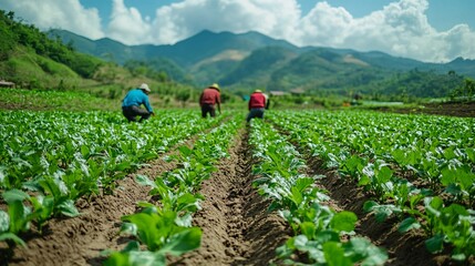 Farmers cultivate crops in lush green fields under a bright sky, with mountains in the background, showcasing sustainable agriculture practices.