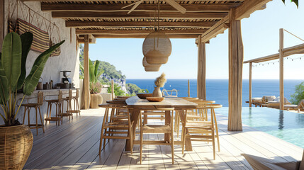  a villa, boho style, wooden funiture, sea view, sunny day, 