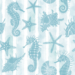  Seamless background with  seahorses, shells, nautilus,  starfish on blue watercolor waves stripes. Abstract marine background. Vector. Perfect for design templates, wallpaper, wrapping, fabric, print