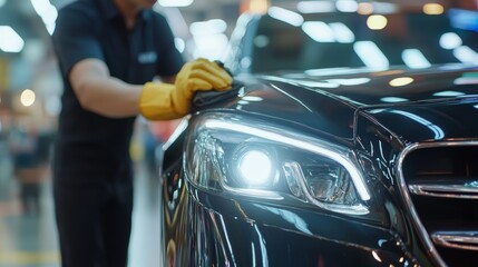 Car cleaning and detailing, man meticulously cleans a with gloves