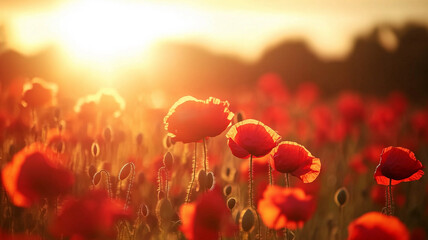 Fototapeta premium Copy space, field of red poppies at sunset rememberance day. Background for rememberance day, armistice day. Respect for victims, soldiers. Concept of peace, pride, respect.