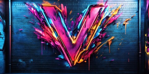 Neon letter V painted on a brick wall.