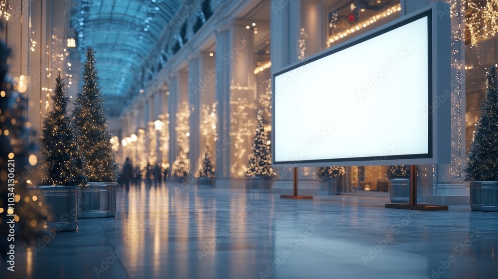 Poster shoppers stroll through a festive arcade adorned with christmas lights and a large empty screen read