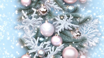 Fototapeta premium This close-up view features a stylish pattern of pastel pink and mint Christmas ornaments scattered across a light blue background, perfect for New Year celebrations SEAMLESS PATTERN
