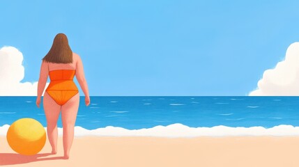 A woman in an orange swimsuit stands on a beach, looking at the ocean with a yellow beach ball nearby, under a clear blue sky.