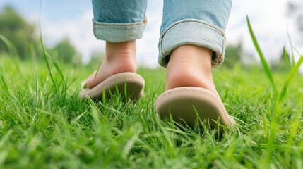 A close-up view of feet walking barefoot on green grass, showcasing a natural and relaxed outdoor experience on a sunny day.