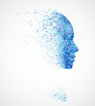 Digital face profile composed of pixelated blue dots, abstract human silhouette vector.