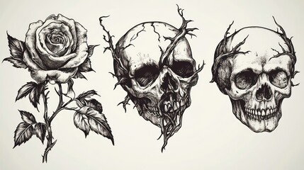 Fototapeta premium Three hand drawn illustrations, a rose, a skull with thorns, and a skull with a crown of thorns.
